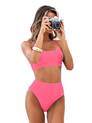 CUPSHE Damen Bikini Set U Ausschnitt High Waist Tank Sport Bikini Texturierte Bademode Zweiteiliger Badeanzug Swimsuit Rosa L von CUPSHE