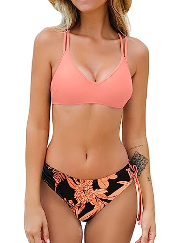 CUPSHE Damen Bikini Set V Ausschnitt Low Waist Bademode Crossback Tunnelzug Zweiteiliger Badeanzug Swimsuit Rosa/Blumen L von CUPSHE