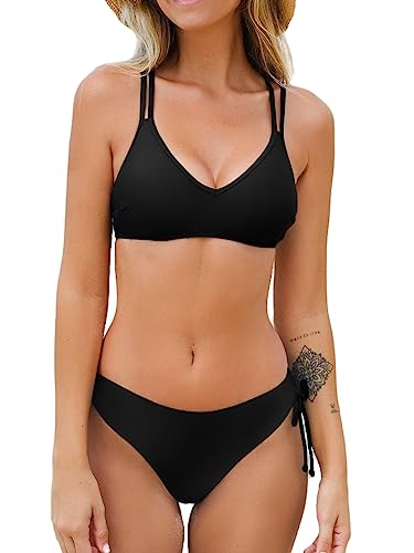 CUPSHE Damen Bikini Set V Ausschnitt Low Waist Bademode Crossback Tunnelzug Zweiteiliger Badeanzug Swimsuit Schwarz M von CUPSHE