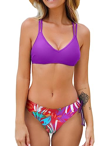 CUPSHE Damen Bikini Set V Ausschnitt Low Waist Bademode Crossback Tunnelzug Zweiteiliger Badeanzug Swimsuit Lila/Tropisch M von CUPSHE