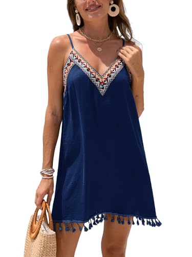 CUPSHE Damen Badeanzug Cover Up Boho V-Ausschnitt Ärmellos Sommerkleid Quaste Freizeitkleid Strand Mini Dress von CUPSHE