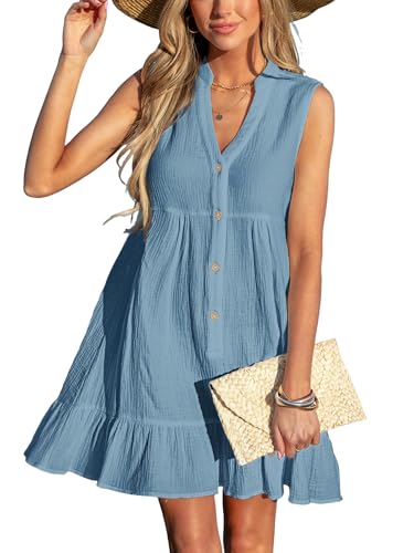 CUPSHE Damen Badeanzug Cover Ups 100% Baumwolle Rüschen Saum Strandkleid geknöpft V-Ausschnitt Coverup Ärmelloses Minikleid, seeblau, 38 von CUPSHE
