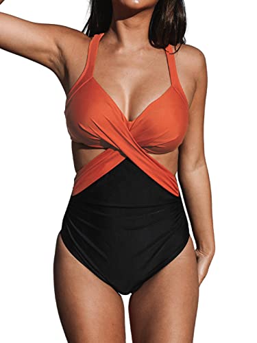 CUPSHE Damen Badeanzug Crossover Bauchweg Bademode Wickeloptik Raffungen Zierausschnitten Einteilige Strandmode Swimsuit Orangerot S von CUPSHE