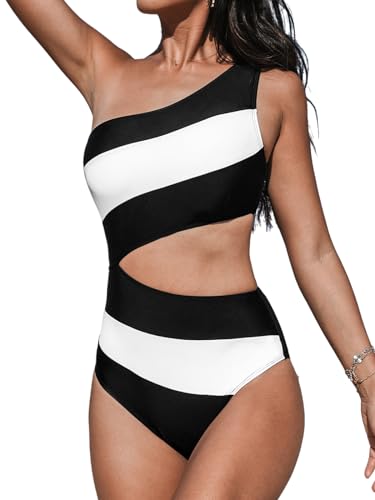CUPSHE Damen Badeanzug Eine Schulter Colorblock Asymmetrische Zierausschnitte Einteilige Bademode Swimsuit Schwarz/Weiß S von CUPSHE