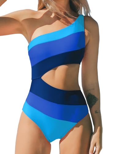 CUPSHE Damen Badeanzug Eine Schulter Farbverlauf Colorblock Asymmetrische Zierausschnitte Einteilige Bademode Swimsuit Blauer Farbblock L von CUPSHE