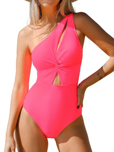 CUPSHE Damen Badeanzug Eine Schulter Twisted Zierausschnitte Asymmetrische Einteilige Bademode Swimsuit Neon Pink XS von CUPSHE