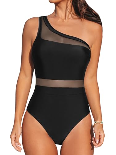 CUPSHE Damen Badeanzug Einteilige Bademode Asymmetrischer Ausschnitt EIN Schulter Mesh Bademode Schwimmanzug Schwarz XL von CUPSHE