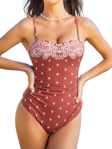 CUPSHE Damen Badeanzug Einteilige Bademode Herzausschnitt Rückenausschnitt Raffung Verstellbare Träger Schwimmanzug Brick Red Floral S von CUPSHE
