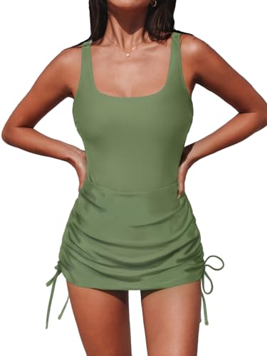 CUPSHE Damen Badeanzug Einteilige Bademode Quadratischer Ausschnitt Raffung Seitliche Schnürung Gerafft Verstellbare Träger Schwimmanzug Green S von CUPSHE