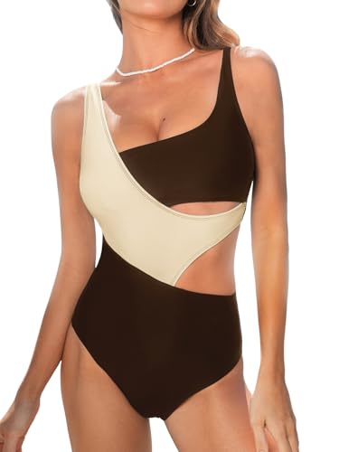 CUPSHE Damen Badeanzug Einteilige Bademode Runder Ausschnitt Farbblock Breite Träger Seitenausschnitt Schwimmanzug Navy Blue M von CUPSHE