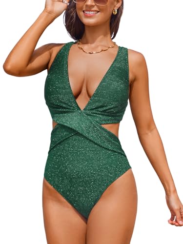 CUPSHE Damen Badeanzug Einteilige Bademode Tiefer Ausschnitt Rückenausschnitt Hakenverschluss Breite Träger Glitzer Schwimmanzug Smaragdgrün M CUPSHE Damen Badeanzug Einteilige Bademode Tiefer Ausschnitt Rückenausschnitt Hakenverschluss Breite Träger Glitzer Schwimmanzug Smaragdgrün M von CUPSHE