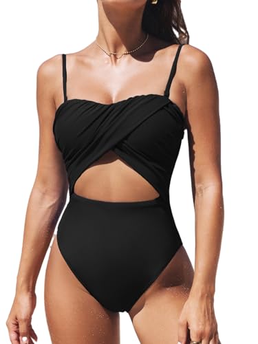 CUPSHE Damen Badeanzug Herzausschnitt Raffung Bandeau Cutouts Abnehmbare Träger Einteilige Bademode Swimsuit Schwarz XL von CUPSHE