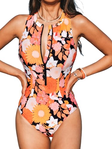 CUPSHE Damen Badeanzug High Neck Ärmelloser Reißverschluss vorne Bauchkontrolle Racerback Einteilige Bademode Swimsuit Orange Floral S von CUPSHE