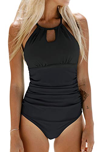 CUPSHE Damen Badeanzug High Neck Bademode Raffung Bauchweg Cut Out Einteilige Strandmode Swimsuit Schwarz M von CUPSHE