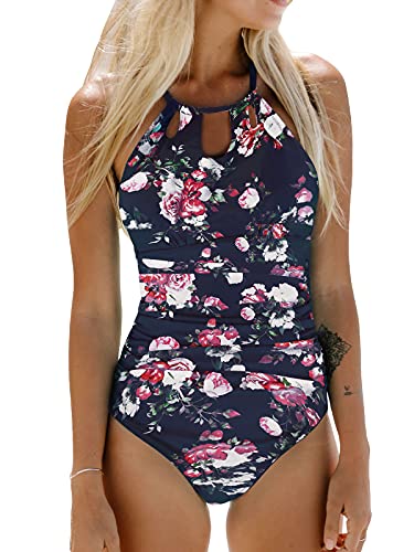 CUPSHE Damen Badeanzug High Neck Bauchweg Blumenmuster Cut Out Einteilige Bademode Swimsuit Schwarz/Blumen S von CUPSHE