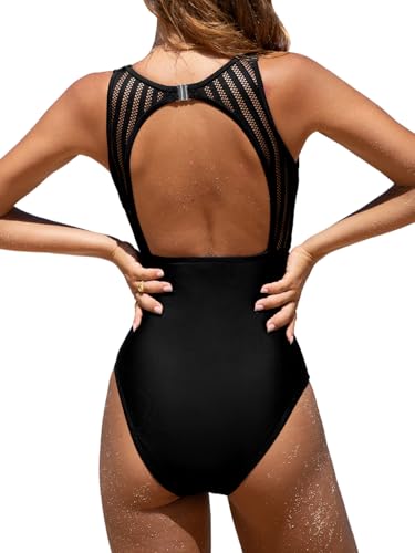 CUPSHE Damen Badeanzug High Neck Bauchweg Raffung Netzstoff Rückenfrei Elegant Einteilige Bademode Swimsuit Schwarz M von CUPSHE