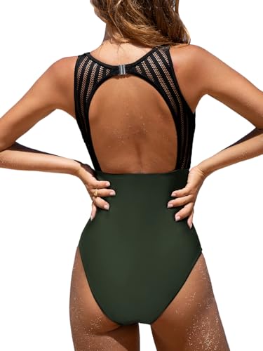 CUPSHE Damen Badeanzug High Neck Bauchweg Raffung Netzstoff Rückenfrei Elegant Einteilige Bademode Swimsuit Dunkelgrün L von CUPSHE