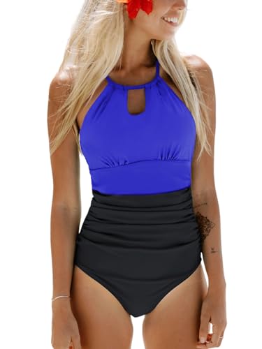 CUPSHE Damen Badeanzug High Neck Bauchweg Raffungen Strandmode Farbblock Zierausschnitt Einteilige Bademode Swimsuit Schwarz/Electric Blue XS von CUPSHE