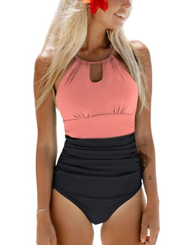 CUPSHE Damen Badeanzug High Neck Bauchweg Raffungen Strandmode Farbblock Zierausschnitt Einteilige Bademode Swimsuit Schwarz/Rosa M von CUPSHE