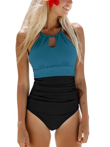 CUPSHE Damen Badeanzug High Neck Bauchweg Raffungen Strandmode Schlüsselloch Farbblock Einteilige Bademode Swimsuit Blaugrün/Schwarz XL von CUPSHE