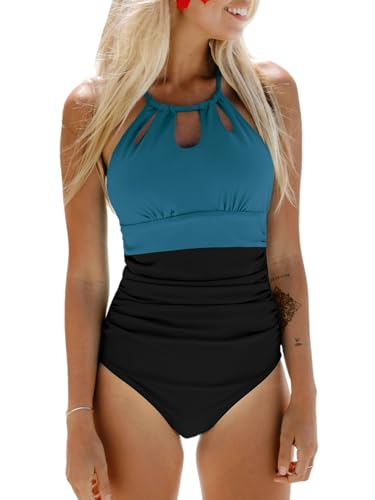 CUPSHE Damen Badeanzug High Neck Bauchweg Raffungen Strandmode Schlüsselloch Farbblock Einteilige Bademode Swimsuit Blaugrün/Schwarz XS CUPSHE Damen Badeanzug High Neck Bauchweg Raffungen Strandmode Schlüsselloch Farbblock Einteilige Bademode Swimsuit Blaugrün/Schwarz XS von CUPSHE