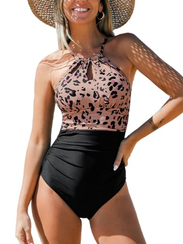 CUPSHE Damen Badeanzug High Neck Bauchweg Raffungen Strandmode Schlüsselloch Leoparden Einteilige Bademode Swimsuit Schwarz/Leopardenmuster M von CUPSHE