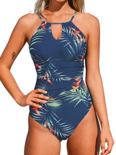 CUPSHE Damen Badeanzug High Neck Cutout Bademode Bauchweg Tropischer Blätterprint Einteilige Strandmode Swimsuit Blau/Blätter XL von CUPSHE