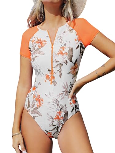 CUPSHE Damen Badeanzug High Neck Kurzarm Reißverschluss vorne Blumenmuster Sport Einteilige Bademode Swimsuit Orange/Tropisch M von CUPSHE