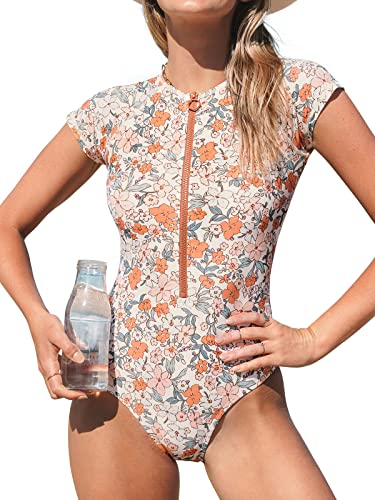 CUPSHE Damen Badeanzug High Neck Kurzarm Reißverschluss vorne Rash Guard Blümchenmuster Einteilige Bademode Swimsuit Orange XXL von CUPSHE