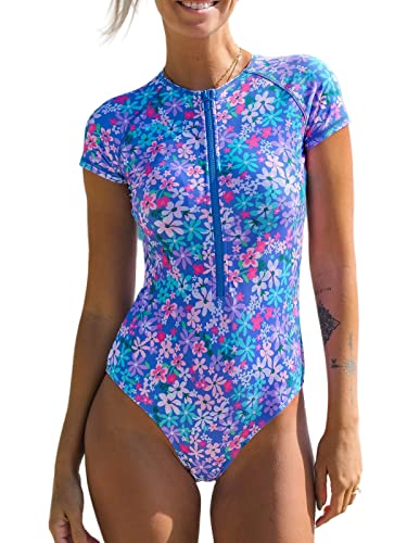 CUPSHE Damen Badeanzug High Neck Reißverschluss vorne Kurzarm Einteilige Bademode Swimsuit Lila Blaue Blumen L von CUPSHE