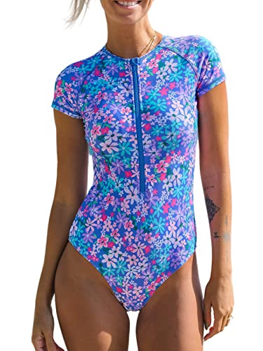 CUPSHE Damen Badeanzug High Neck Kurzarm Reißverschluss vorne Rash Guard Blumenmuster Einteilige Bademode Swimsuit Lila Blaue Blumen L von CUPSHE