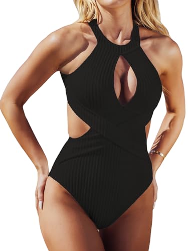 CUPSHE Damen Badeanzug High Neck Schlüsselloch Zierausschnitte Criss Cross Raffung Gerippter Textur Einteilige Bademode Swimsuit Schwarz S von CUPSHE