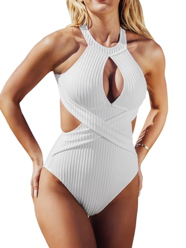 CUPSHE Damen Badeanzug High Neck Schlüsselloch Zierausschnitte Criss Cross Raffung Gerippter Textur Einteilige Bademode Swimsuit Weiß S von CUPSHE
