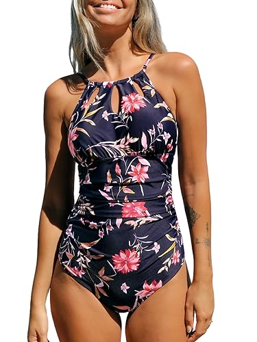 CUPSHE Damen Badeanzug High Neck Zierausschnitt Bauchweg Raffungen Strandmode Einteilige Bademode Swimsuit Dunkelviolett/Blumen S von CUPSHE