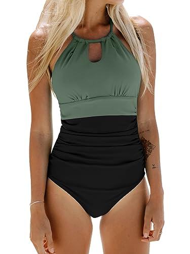 CUPSHE Damen Badeanzug High Neck Zierausschnitt Bauchweg Raffungen Strandmode Einteilige Bademode Swimsuit Schwarz/Grün S von CUPSHE