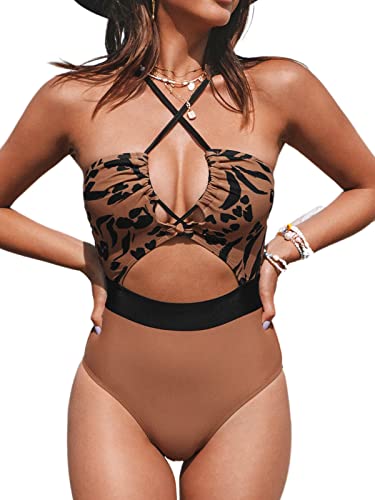 CUPSHE Damen Badeanzug Neckholder Schnürung Monokini Tierdruck Cutout Crossover Einteilige Bademode Swimsuit Braun L von CUPSHE