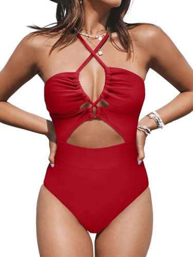 CUPSHE Damen Badeanzug Neckholder Schnürung Monokini Tierdruck Cutout Crossover Einteilige Bademode Swimsuit Rot L von CUPSHE