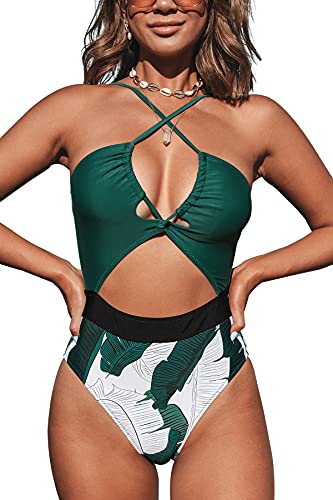 CUPSHE Damen Badeanzug Neckholder Schnürung Monokini Tropischer Blätterprint Crossover Einteilige Bademode Swimsuit Grün L von CUPSHE