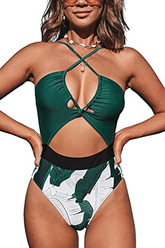 CUPSHE Damen Badeanzug Neckholder Schnürung Monokini Tropischer Blätterprint Crossover Einteilige Bademode Swimsuit Grün S von CUPSHE