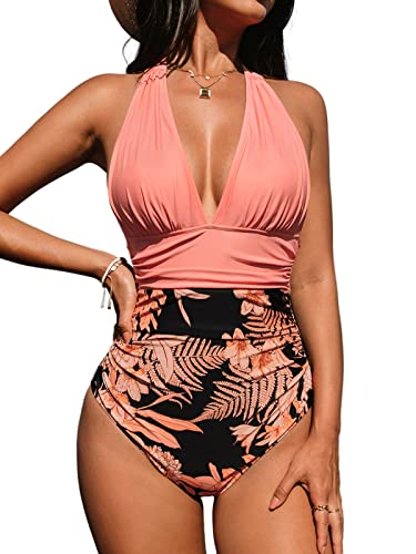 CUPSHE Damen Badeanzug Neckholder V Ausschnitt Bauchweg Monokini Rückenfrei Blumenmuster Raffungen Einteilige Bademode Swimsuit Korallenrosa XS von CUPSHE
