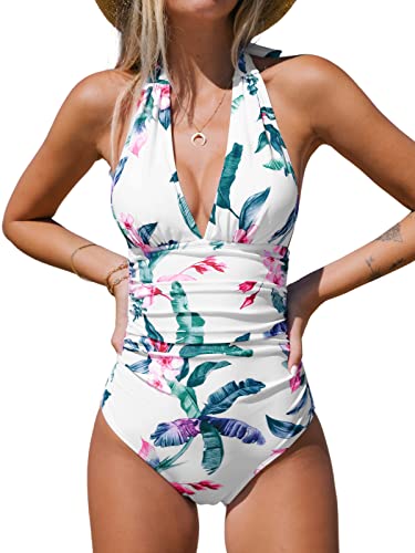 CUPSHE Damen Badeanzug Neckholder V Ausschnitt Bauchweg Monokini Rückenfrei Tropical Print Raffungen Einteilige Bademode Swimsuit Weiß/Blumen XL von CUPSHE