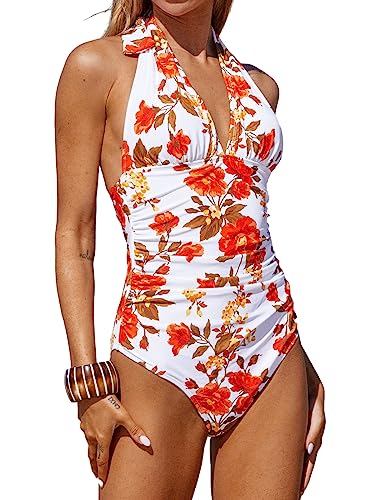 CUPSHE Damen Badeanzug Neckholder V Ausschnitt Bauchweg Raffung Monokini Blumenmuster Vintage Einteilige Bademode Swimsuit Weiß/Orangenblume S von CUPSHE