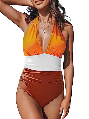CUPSHE Damen Badeanzug Neckholder V Ausschnitt Bauchweg Raffung Monokini Farbblcok Vintage Einteilige Bademode Swimsuit Sunset Orange XL von CUPSHE