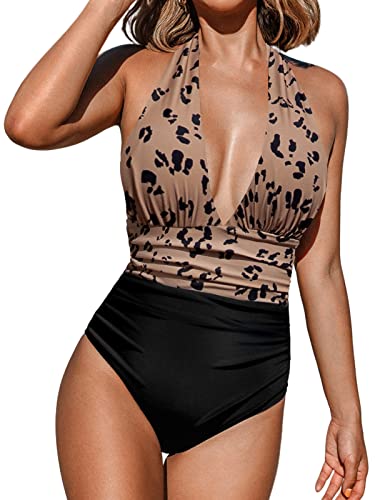 CUPSHE Damen Badeanzug V Ausschnitt Neckholder Bauchweg Monokini Rückenfrei Elegant Geraffte Bauchkontrolle Einteilige Bademode Swimsuit Mehrfarbig M von CUPSHE