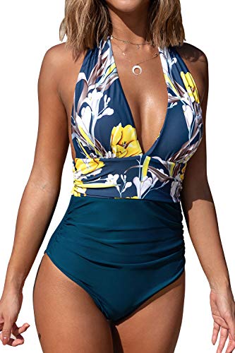 CUPSHE Damen Badeanzug Neckholder V-Ausschnitt Raffung Bauchweg Einteilige Bademode Swimsuit Indigoblau M von CUPSHE