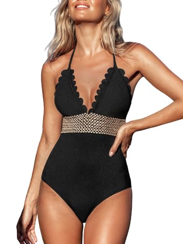 CUPSHE Damen Badeanzug Neckholder V Ausschnitt Wellenkante Rückenfrei Einteilige Bademode Swimsuit Schwarz L von CUPSHE