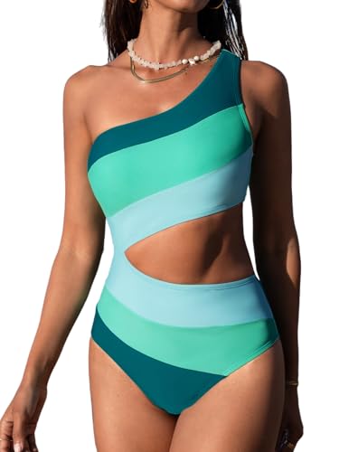 CUPSHE Damen Badeanzug One Shoulder Farbblock Zierausschnitte Asymmetrische Einteilige Bademode Swimsuit Grüner Farbblock XS von CUPSHE
