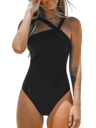 CUPSHE Damen Badeanzug One Shoulder Raffung Bauchweg Asymmetrische Bademode Einteilige Strandmode Swimsuit Schwarz S von CUPSHE