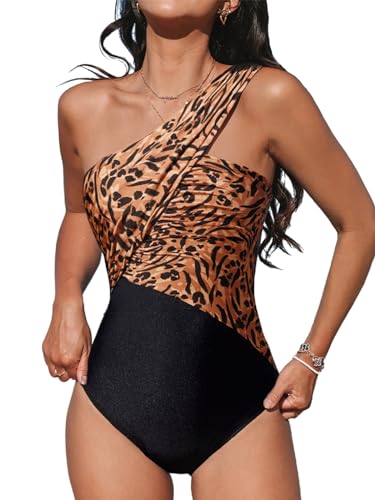 CUPSHE Damen Badeanzug One Shoulder Raffung Breite Träger Asymmetrische Einteilige Bademode Swimsuit Schwarz/Leopardenmuster L von CUPSHE