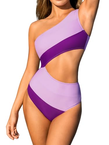 CUPSHE Damen Badeanzug One Shoulder Zierausschnitte Farbverlauf Colorblock Asymmetrische Einteilige Bademode Swimsuit Flieder/Lila L von CUPSHE
